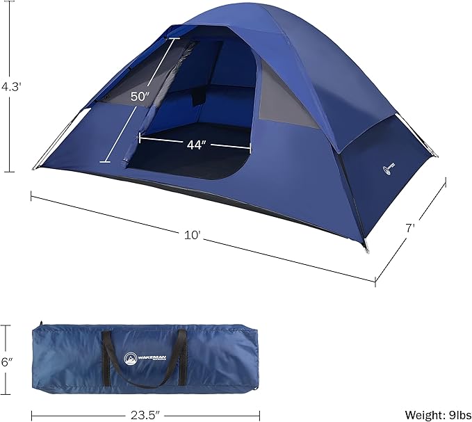 Person Camping Tent - Water-Resistant Family Tent for Camping with Removable Rain Fly, Storage Pocket, and Carrying Bag by Wakeman Outdoors