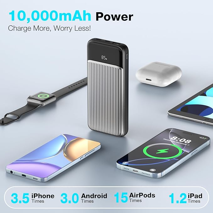 Portable Charger,10000mah 22.5W PD Fast Charging Power Bank,with Built-in Cables,4 Outputs 2 Inputs,Travel Essential Phone Power Bank.for iPhone, iPad,Android,Google, and More(Black)