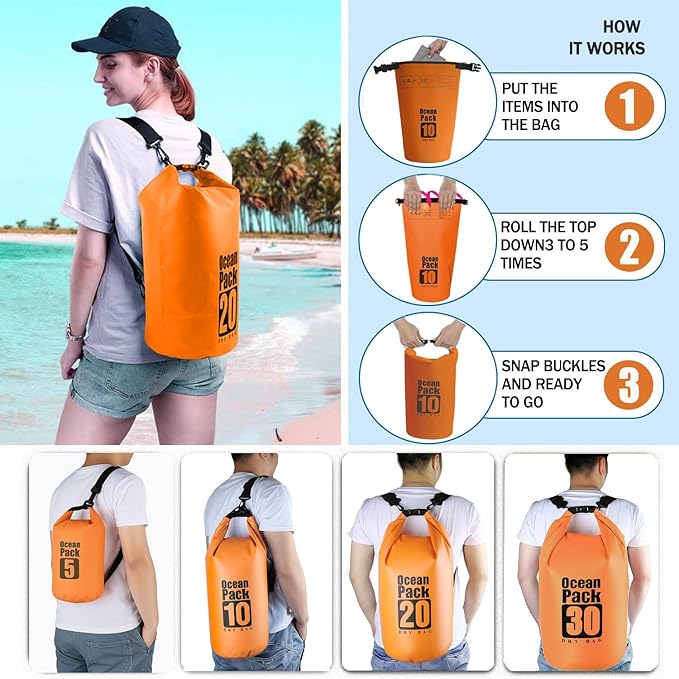 Dry Bag Waterproof Backpack 5L/10L/20L/30L Roll Top Waterproof Bag,Floating Dry bags for Kayaking,Swimming,Boating,Camping,Beach.