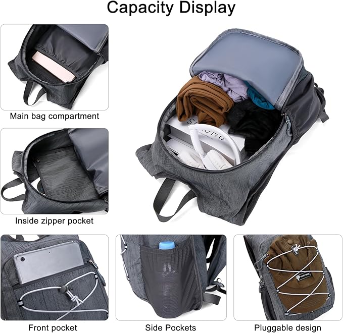 BOVIP 20L Hiking Backpack Lightweight Packable Hiking Daypack Small Travel Outdoor Foldable Shoulder Bag Gray