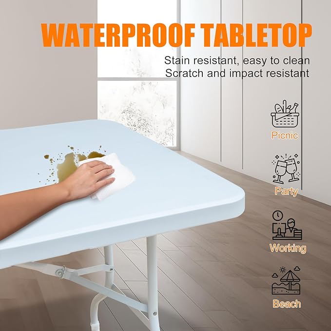 6 FT Folding Table with Carry Handle, Portable Fold-in-Half Plastic Table, Rectangle Foldable Table for Indoor/Outdoor White