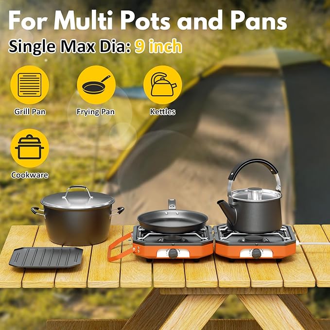 Adjustable 2 Burner Popane Stove with 16000 BTU, Flameout Protection, with Camping Grill and Carrying Bag, Portable Camping Stove for Camping, Backyard BBQ,Tailgating (Orange)