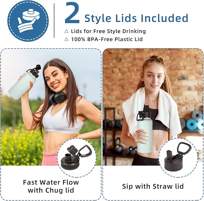 Volhoply 32 oz Insulated Water Bottles Bulk 4 Pack with Straw Lid & Spout Lid,Stainless Steel Sports Water Bottle,Double Wall Vacuum Cups,Leakproof Wide Mouth Metal Flask for Hiking,Camping(Fog,4)