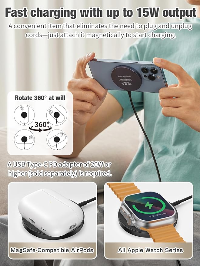 3 in 1 Magnetic Wireless Charging Station, 15W Fast Charger Compatible with iPhone 17/16/15/14/13/12 Series, Apple Watch 9-2/SE, AirPods Pro 3/2/1, for Bedside Desk Travel Home Office (Black)