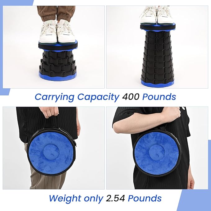 2 Pack Portable Telescoping Stools Collapsible Stool with Cushion,Retractable Foldingstool Max Load Capacity 400lbs, Portable Collapsible Stools for Camping Hiking Outdoor BBQ Black-Blue