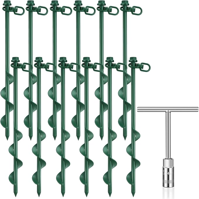 Zhengmy 12 Pcs Ground Anchors Screw in, 12 Inch Heavy Duty Tent Stakes with Trampoline Anchor Hook Ground Stakes for Camping Tent Canopies Ports Sheds Swing Sets Securing Animals (Green)