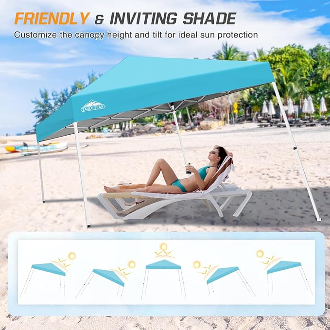 EAGLE PEAK 10x10 Slant Leg Pop-up Canopy Tent Easy One Person Setup Instant Outdoor Beach Canopy Folding Portable Sports Shelter 10x10 Base 8x8 Top (Light Blue)