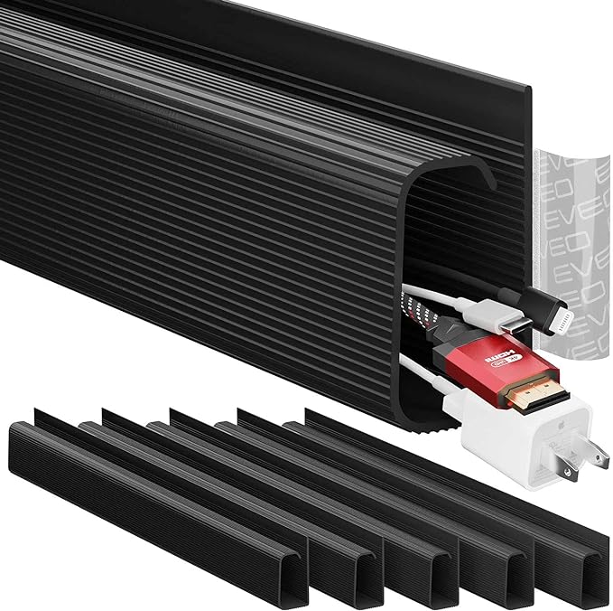 EVEO Cable Management Under Desk Kit (6 Units) - Under Desk Cable Management Cord Hider, Cable Hider Cord Management, Cable Organizer, Cable Raceway | Self-Adhesive 96'' J Channel 6X16 - Black