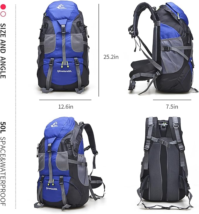 Bseash 50L Hiking Backpack, Water Resistant Lightweight Outdoor Sport Daypack Travel Bag for Camping Climbing Skiing Cycling (Blue - No Shoe Compartment)