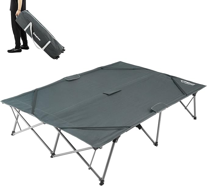 KingCamp 2 Person Queen Size Camping Cot, Folding Portable Double 550lbs Heavy Duty Oversized Large XXL Wide Foldable Sleeping Bed with Carry Bag for Two Adult Outdoor Travel Tent, Grey