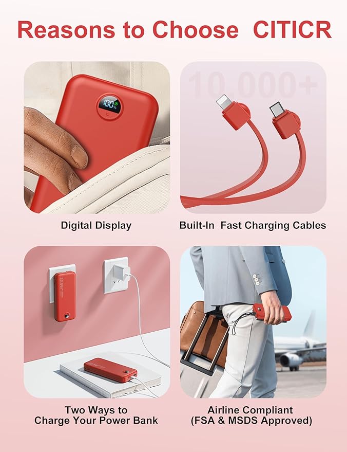 Portable Charger Power Bank, 12000mAh 22.5W USB C Charger Fast Charging with Built-in Cables & Wall Plug, 5-in-1 Battery Pack with LED Display, Ultimate Travel Essential for iPhone, iPad, Samsung Red