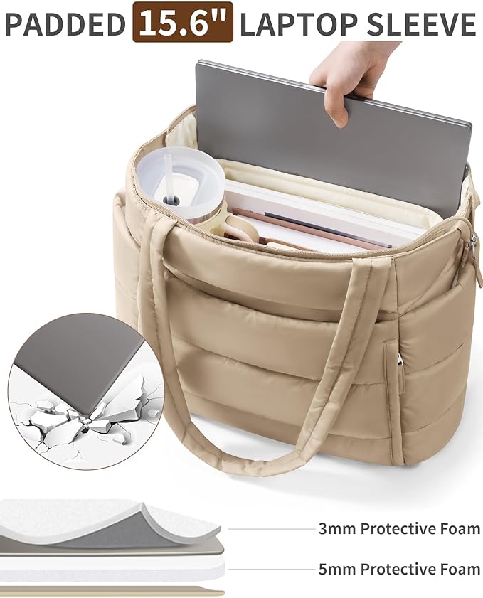 Puffer Tote Bag for Women, Lightweight Puffy Work Handbag Teacher Nurse Quilted Shoulder Bag for School Travel Gym