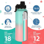 Volhoply 40 oz Insulated Water Bottles Paracord Handle, Stainless Steel Bottle with Spout Lid, Double Walled Travel Water Cups with Wide Mouth, Reusable Water jug for Adults (Green Pink, 1 Set)