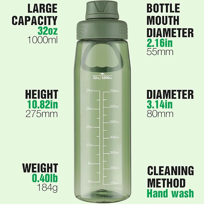 Water Bottle 32oz, clear water bottle with Spout Lid and Carry Handle, Reusable, Tritan, BPA Free, Hiking Water Bottle Suitable for Travel, Outdoors, Gym, Travel, Home, School (Army Green)