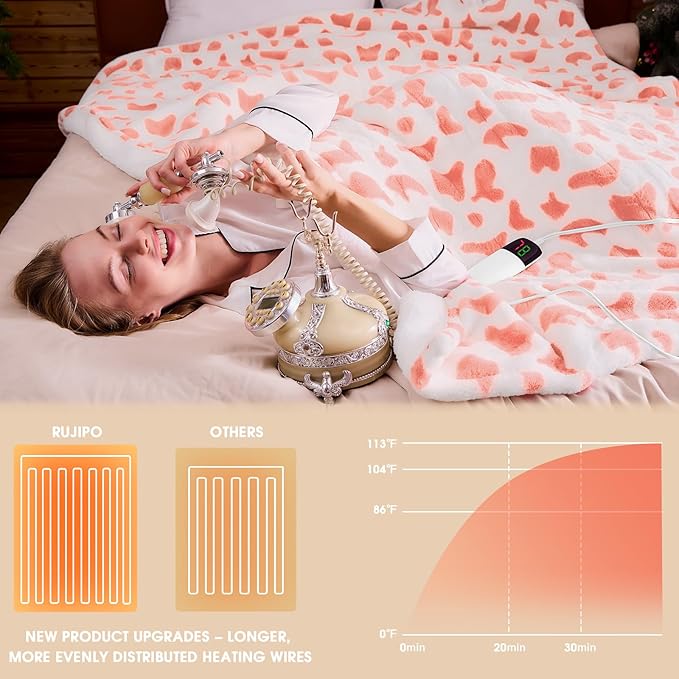 Cow Print Heated Electric Blanket Full Size,72X84 Pink Heating Blanket with 10 Heats Levels & 8 Hours Auto Off,Cute Cow Fleece Sherpa Blankets Warmer Gifts for Women Adults,Washable,ETL