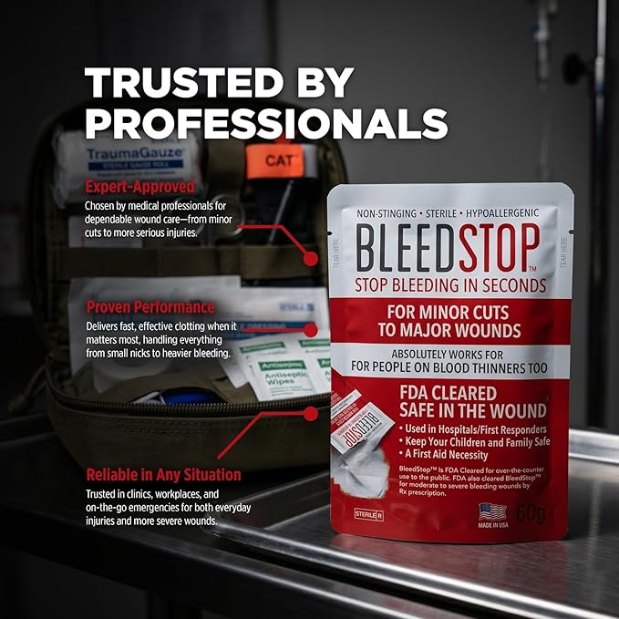 BleedStop™ First Aid Powder for Blood Clotting, Trauma Kit, Blood Thinner Patients, Camping Safety, and Survival Equipment for Moderate to Severe Bleeding Wounds or Nosebleeds - 1 (60g) Pouch