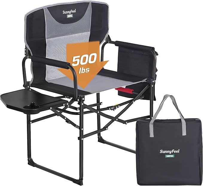 SUNNYFEEL Oversized Camping Directors Chair 500 LBS Heavy Duty, Portable Folding Chair with Side Table, Pocket for Beach, Fishing,Trip,Picnic,Lawn,Concert Outdoor Foldable Camp Chairs