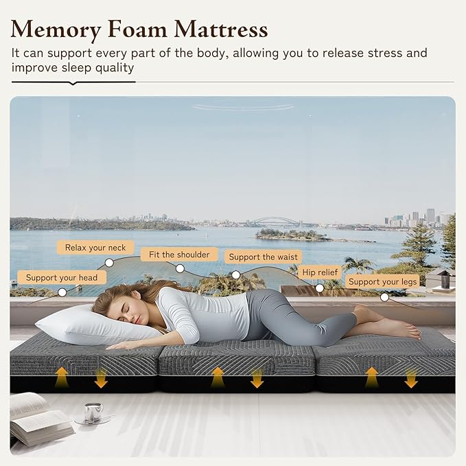 Tri Folding Mattress Queen Size - Memory Foam Tri-fold Handle & Non-Slip Bottom, Portable Foldable Sofa Bed Floor Chair for Travel RV Camping Guest Yoga - 6 Inch, 78"x58"x6"