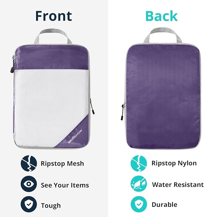 Compression Packing Cubes 3 Set, Compressible Space-Saving Packing Cubes for Travel - Compression Bags, Luggage Organizer, Travel Essentials for Women, Purple