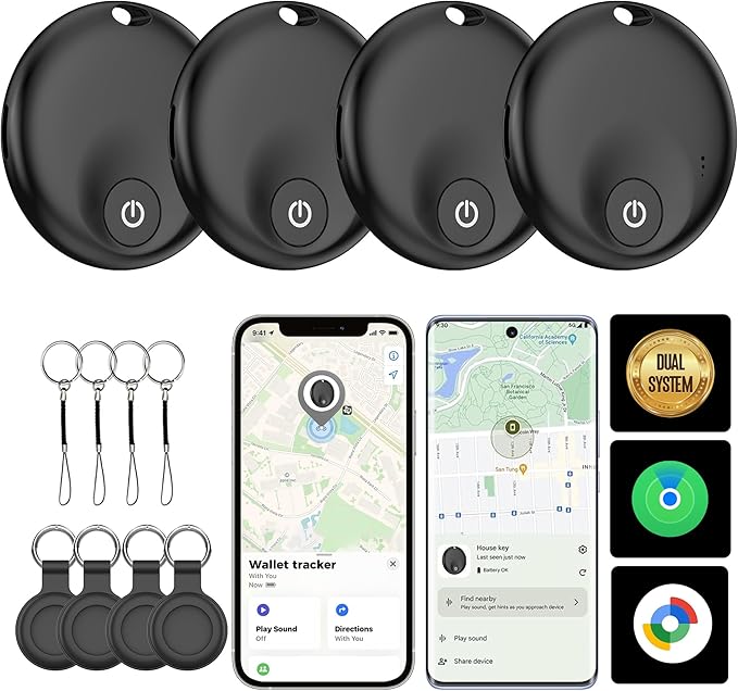 Air Trackers -4 Pack: Bluetooth Tracker Tag, Item Finder Works with Find My App, Trakcer Tag Locator for Your Keys, Wallet, Luggage, Backpack, and More. (Black-4-Dual, 4)