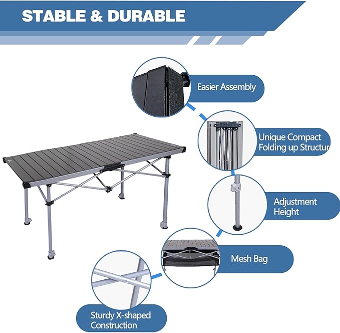 Ablazer Camping Table with Carry Bag, Adjustable Height Portable Table for Outdoor, Camping, Picnic, Beach, Aluminum Picnic Roll-up Table for 4-6 Person
