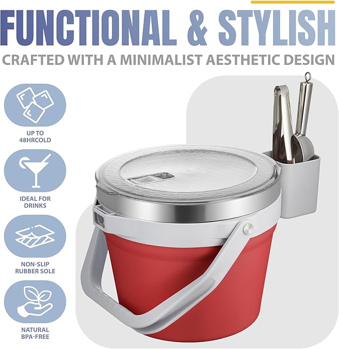 COKTIK 7L Vacuum Insulated Ice Bucket with Lid and Scoop& Tongs，Large capacity Stainless Steel Beverage Bucket for Cocktail, Champagne, Wine, Beer，Large Parties（Red Suit）