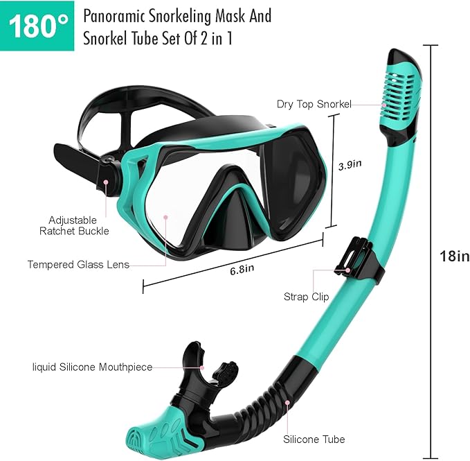 Snorkeling Gear for Adults, JRing Snorkel Mask Set with 180 Degree Tempered Glass Anti Fog Goggles Scuba Dry Top Snorkel for Swimming, Scuba Diving Mask for Men Women