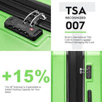 Kono 4 Piece Luggage Sets Expandable(only 28") Lightweight with Spinner Wheels TSA Lock Hardside Travel Rolling Suitcases 20in 24in 28in Carry on and 12in Mini Cosmetic Case Apple Green