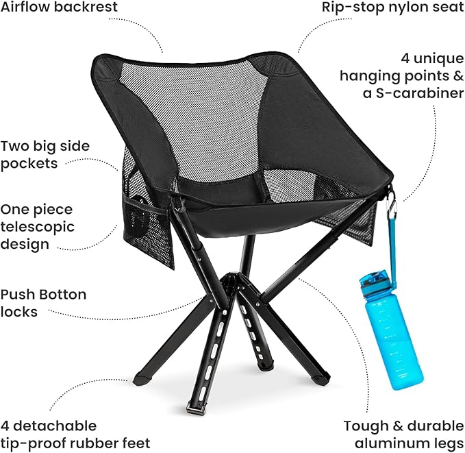 Sitpack Campster 2.0 Backpacking Camping Chair, 5S Easy Set-up, Ultra Lightweight, Bottle Sized Portable Folding Chair, Compact Chair for Adults for Beach Outdoor Hiking Travel Fishing
