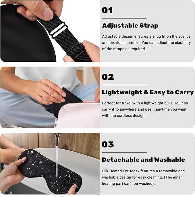 Silk Cordless Heated Eye Mask for Dry Eyes, Light Blocking Warm Eye Compress, Improved Sleep, with 3 Heat Settings, Washable Heating Pad for Migraine, Travel, Rechargeable, Men Women