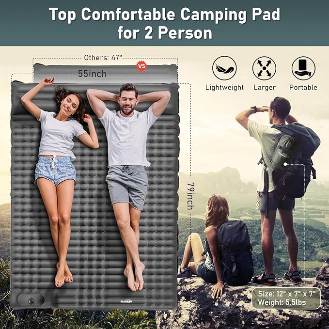 Elegear Double Sleeping Pad for Camping, 4.7" Ultra-Thick Self Inflating Camping Pad 2 Person with Pillow Built-in Foot Pump Camping Sleeping Mat for Backpacking, Hiking, Portable Camping Pad