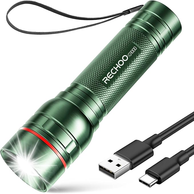 Rechargeable Flashlights High Lumens, G1000 Super Bright Flash Light, Small Zoomable LED Flashlight with 3 Lighting Modes, Portable Tactical Flashlight for Camping Essentials (Battery Included)-Green