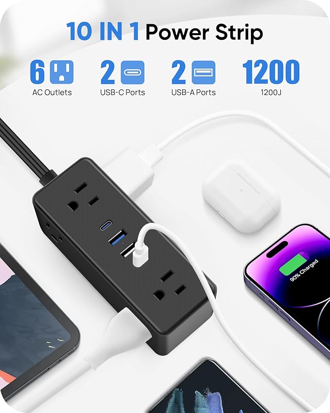 Electrical Outlet Extender Stick, Features 4 USB & 6 Outlets, 39in Flexible Extension Cord Access Hard-to-Reach Outlets, Wall Plug Power Socket Expander Nightstands Sofa Desk
