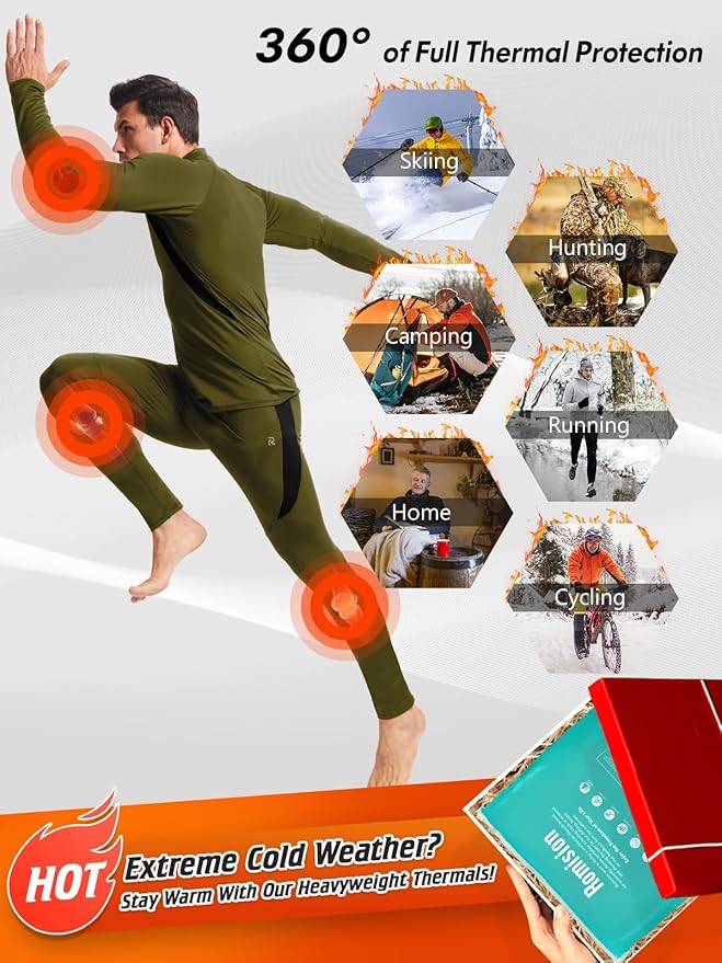 romision Thermal Underwear for Men Long Johns Fleece Lined Hunting Gear Bottom Top Set Base Layer for Cold Weather Gift