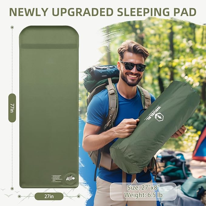 Memory Sleeping Pad, 3.1" Ultra-Thick Foam Sleeping Mats for Camping, Easy Inflate&Deflate,9.5 R-Value Insulated Camping Mattress Pad with Pillow, for Car Travel Tent