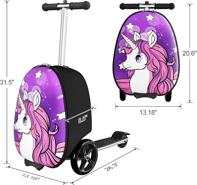 Baotree Scooter Suitcase for Kids, 2 in 1 Ride-on Luggage with Flash PU Wheels, Adjustable Handle & TPR Non-Slip Grip, Foldable & Lightweight, Ages 5-12
