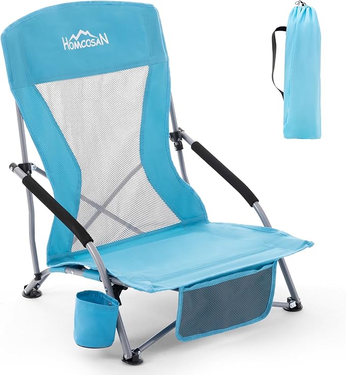Homcosan Portable Low Folding Beach Chair - Lightweight Camping Chair for Adults with Cup Holder & Storage Pocket, Carry Bag Included (Blue)