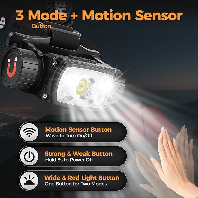 Headlamp Rechargeable, 2000 Lumen Super Bright LED Head Lamps with Red Light, 6 Modes Motion Sensor Magnetic Headband Flashlight, 4000 mAh Battery Powered Adjustable Head Lights for Adults Outdoor