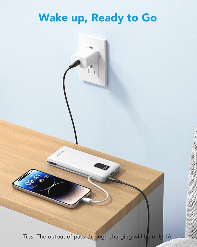 charmast Portable Charger with Built-in Cables and Plug, 10000mAh USB C Power Bank Fast Charging, External Battery Pack Slim, Travel Essentials Compatible with iPhones, Samsung Galaxy, iPad