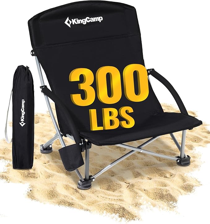 KingCamp Low Beach Chairs, Portable Folding Chair for Adults Extra Wide Ergonomic High Back Seat 300lbs Heavy Duty Lightweight Oversized Gear with Carry Bag for Outdoor Lawn Camping Picnic