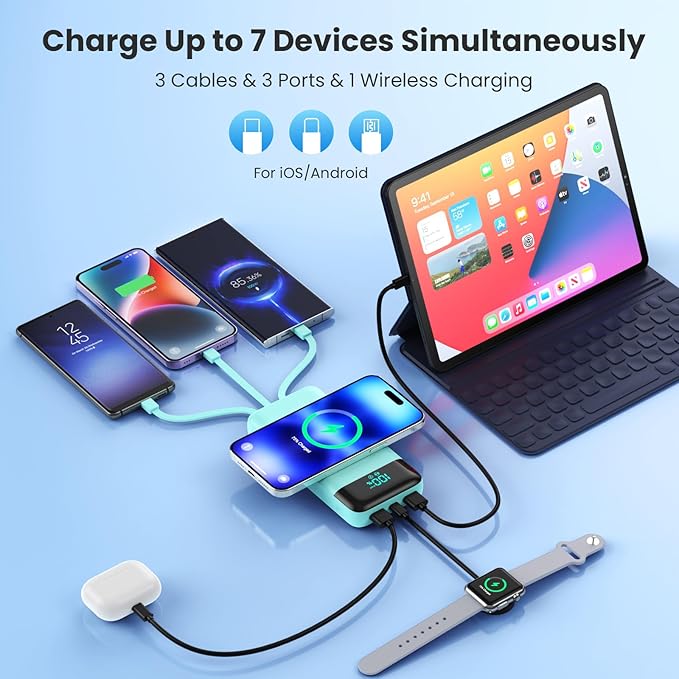 Wireless Portable Charger 40800mAh for iPhone with 3 Built-in Cables,7-in-1 15W Wireless Charging USB C Power Bank,LCD Display 25W PD QC 4.0 Fast Charging Battery Pack for iPhone 16/15/14/13/12-Green