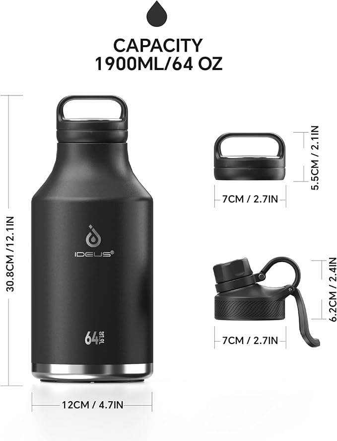 IDEUS Insulated Stainless Steel Water Bottle with 2 Leak-Proof Lids, Thermal Water Flask for Hiking Biking, 64oz, Black