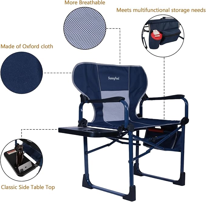 SUNNYFEEL Camping Directors Chair Aluminum Oversized Portable Folding Chair with Side Pocket and Adjustable Side Table for Beach, Fishing, Trip, Picnic, Lawn, Concert Outdoor Foldable Camp Chairs