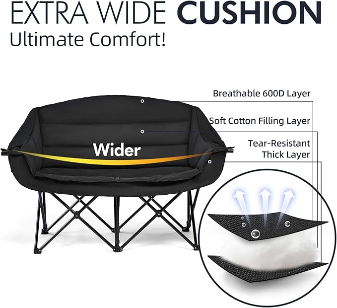 Double Camping Chair Padded Loveseat Chair for 2 Person - Heavy Duty Oversized Camping Couch for Adults Outdoor Sports Lawn Beach Portable Folding XL Chairs with Cup Holders and Carry Bag, All Black