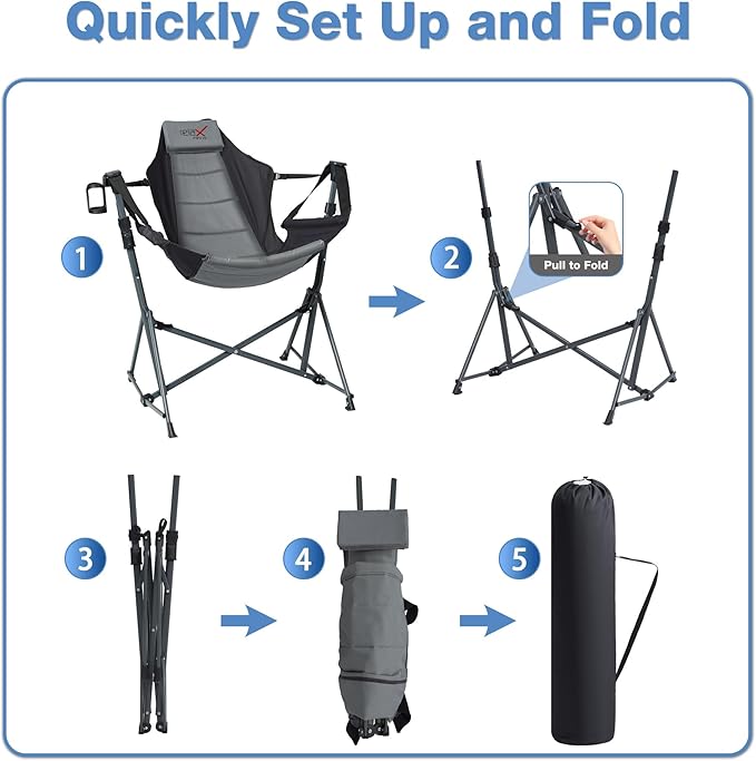 Hammock Camping Chair, 3 Heights Swinging Chair with Adjustable Backrest, Folding Rocking Chair with Head Pillow&Cup Holder, Outdoor Chairs for Camping and Hiking, Supports 350lbs, Black