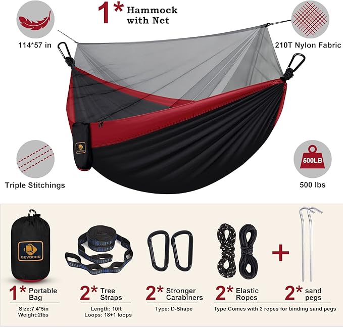 Camping Hammock with Net,Travel Portable Lightweight Hammocks with Tree Straps and Solid D-Shape Carabiners,Parachute Nylon Hammock for Outsides Backpacking Beach Backyard Patio Hiking