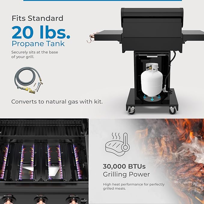 Kenmore 3-Burner Gas Grill | Foldable Side Tables, Cast Iron Cooking Grates, Warming Rack, Hooks for BBQ Grilling Tools, Propane Gas Barbecue Grill, 30,000 BTUs, Black with Copper Accent