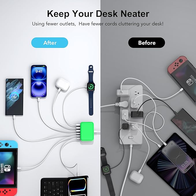 USB C Fast Charger, 100W GaN 6 Port Type C Charging Station Hub Block Cube, USB C Wall Charger Power Strip Adapter Plug for iPad iPhone 16 15 14 13 12 Pro Max Pixel Note Galaxy, 5ft Cord