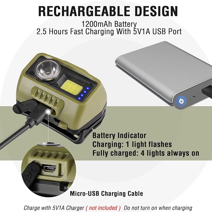 EverBrite Rechargeable Headlamp, LED Bright Motion Sensor Head Lamp Flashlight with 9 Modes, Adjustable Headlight for Adults with White Red Light, Water Resistant, Green, for Hiking, Running, Camping