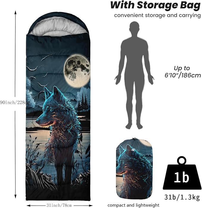Sleeping Bags for Adults Youth Kids,3D Printing Camping Sleeping Bag for Girls Boys Lightweight Waterproof Cold/Warm Weather Sleeping Bag for 3 Seasons